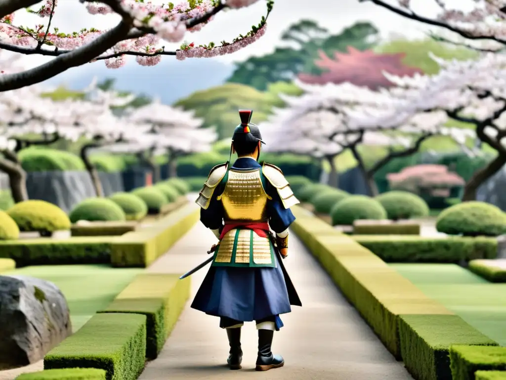 Cultura samurái en Parque Kairakuen: Jardines japoneses con cerezos en flor y armadura samurái en primer plano