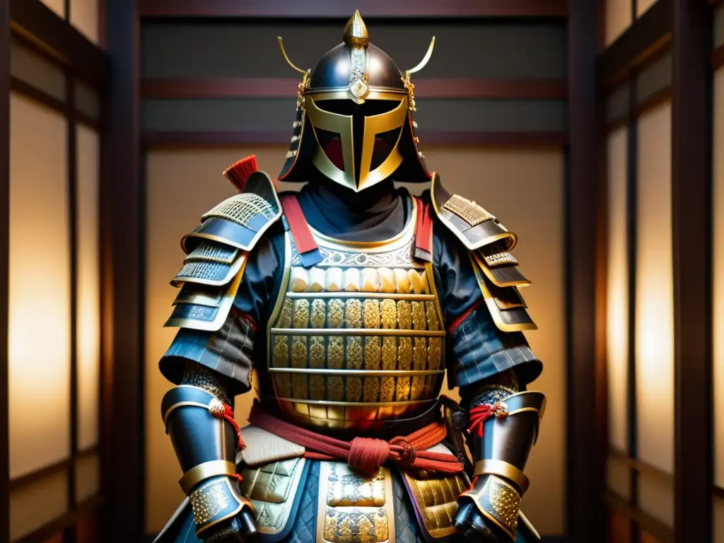 Representación cultural samurái en ficción: Detalle de armadura japonesa en museo tenue, destacando su artesanía y simbolismo