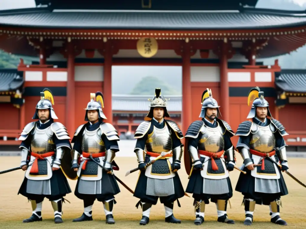 Daimyo samuráis en armadura tradicional frente a un templo, mostrando su dedicación y misticismo en la belleza natural de Japón