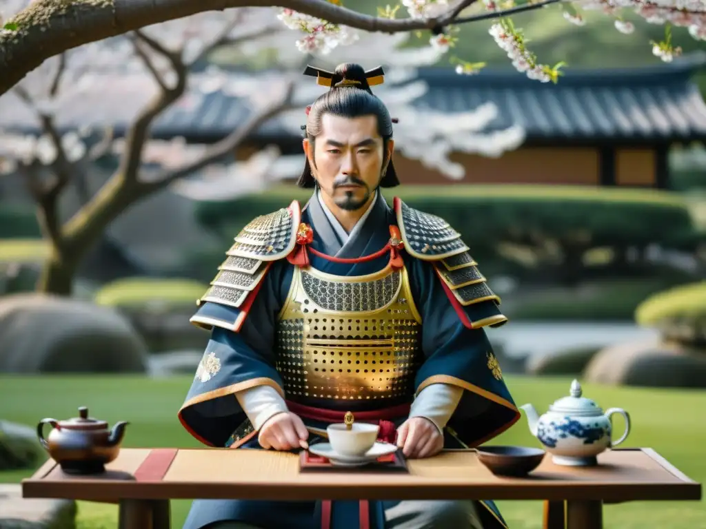 Daimyo samuráis cosmopolitas realizando una ceremonia del té en un jardín sereno con influencia de la cultura extranjera