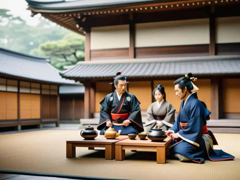 Daimyo samuráis cosmopolitas participan en una refinada ceremonia del té, mostrando influencia de la cultura extranjera en sus atuendos y utensilios