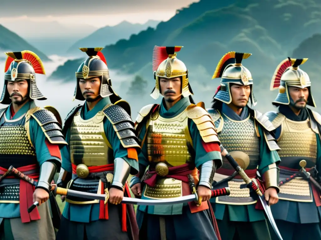 Daimyos y Shogunes en la cultura samurái: Grupo de samuráis en armadura tradicional, listos para la batalla en paisaje montañoso neblinoso