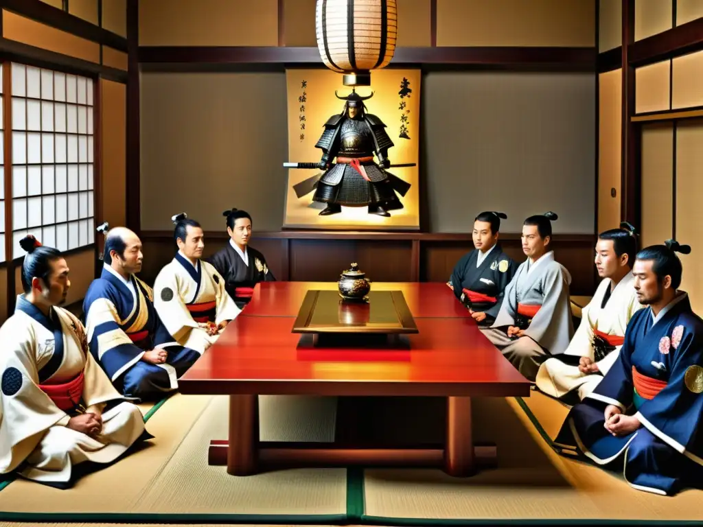 Daimyos y Shogunes en la cultura samurái: Reunión de líderes en armaduras y kimonos, inmersos en una estratégica y sabia discusión