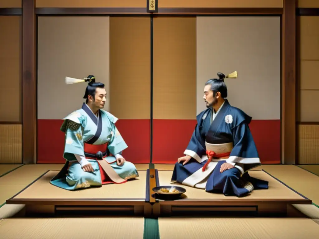 Daimyos y Shogunes en la cultura samurái: Reunión solemne en tatami, con armadura y kimono, armas samurái y caligrafía