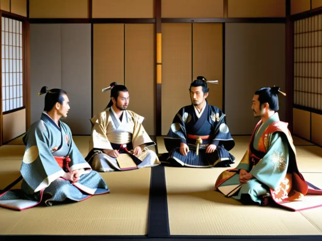 Daimyos y Shogunes en la cultura samurái: Reunión solemne de señores feudales en una sala tradicional japonesa, con armaduras ornamentadas y una atmósfera de autoridad y sabiduría