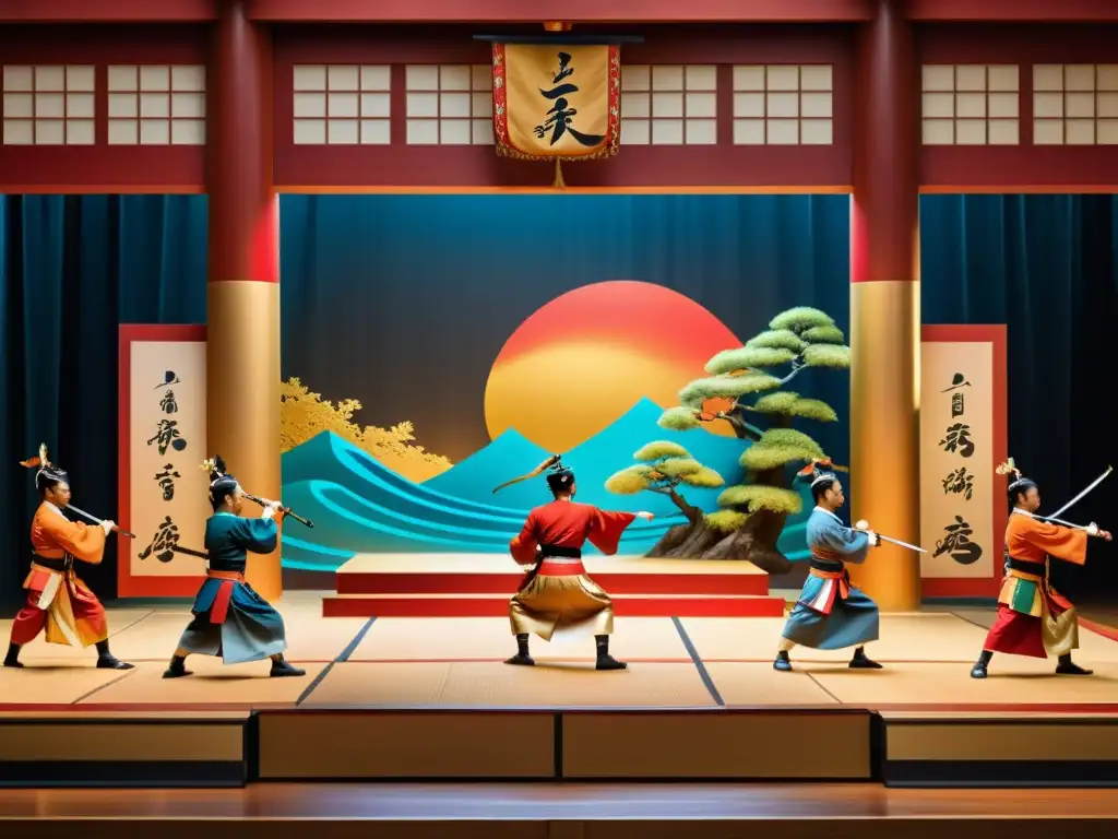 Música y danza en la sociedad samurái: Un escenario japonés tradicional con músicos y bailarines samuráis, sus trajes coloridos en movimiento