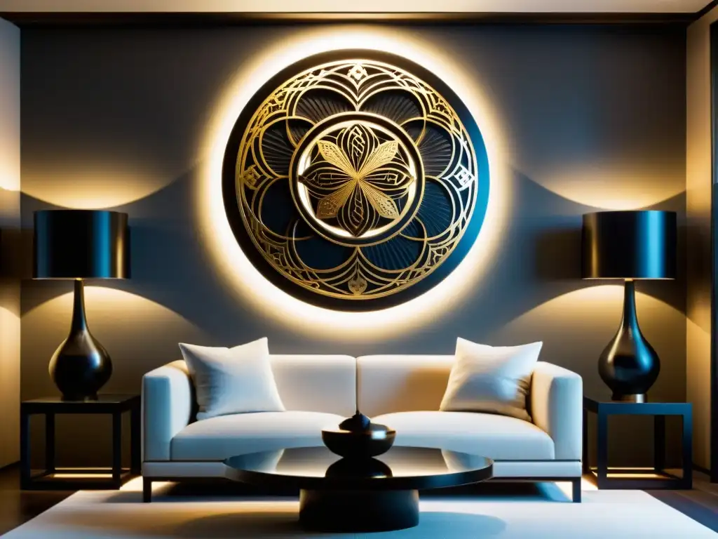 Decoración elegante con réplicas de Tsuba meticulosamente elaboradas, destacadas en una sala minimalista bañada en luz natural