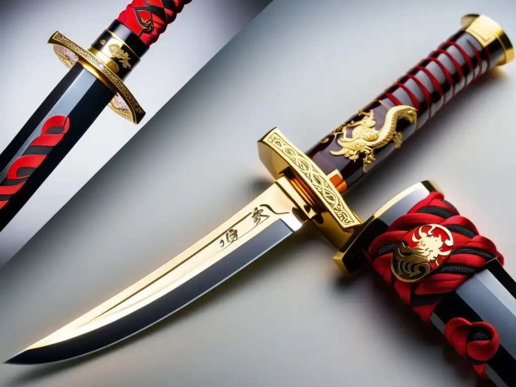 Un wakizashi bellamente decorado con motivos japoneses tradicionales como flores de cerezo, dragones y caracteres kanji