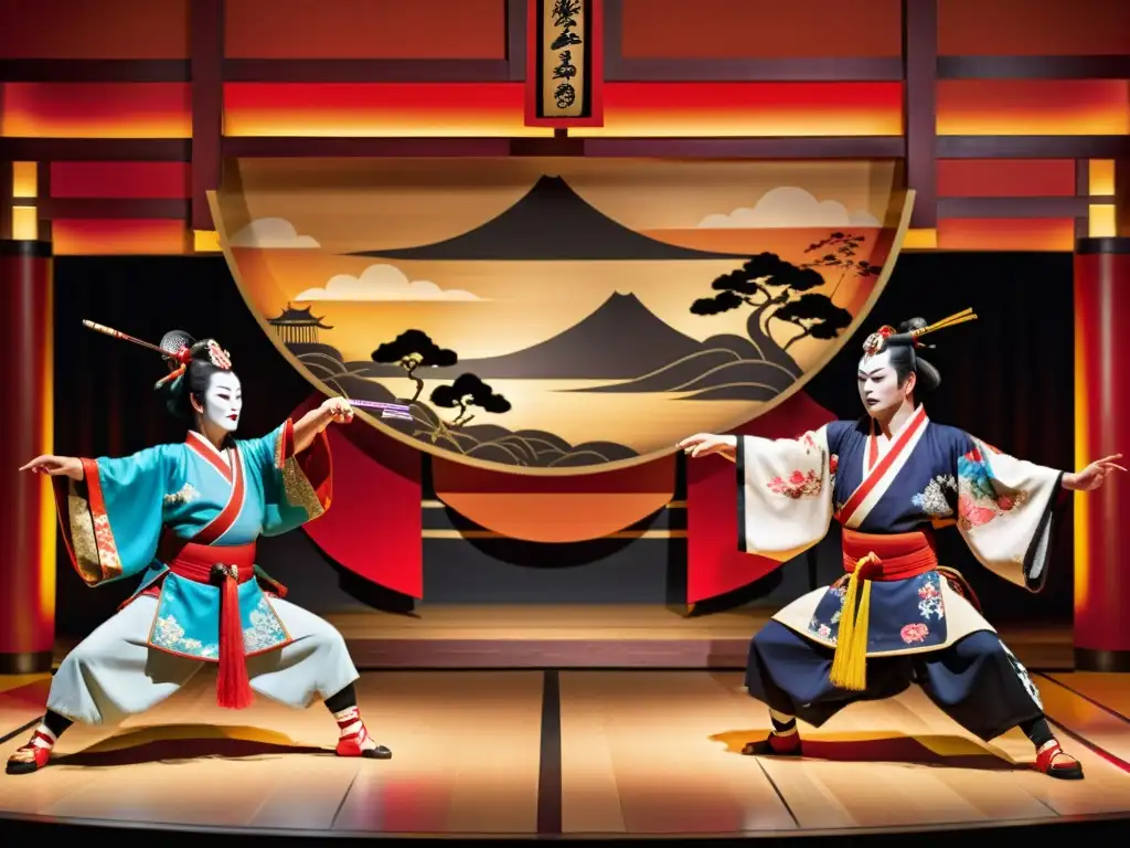 Decorados Kabuki con influencia samurái: un escenario tradicional con detalles ornamentados, actores en trajes de samurai y una atmósfera inmersiva