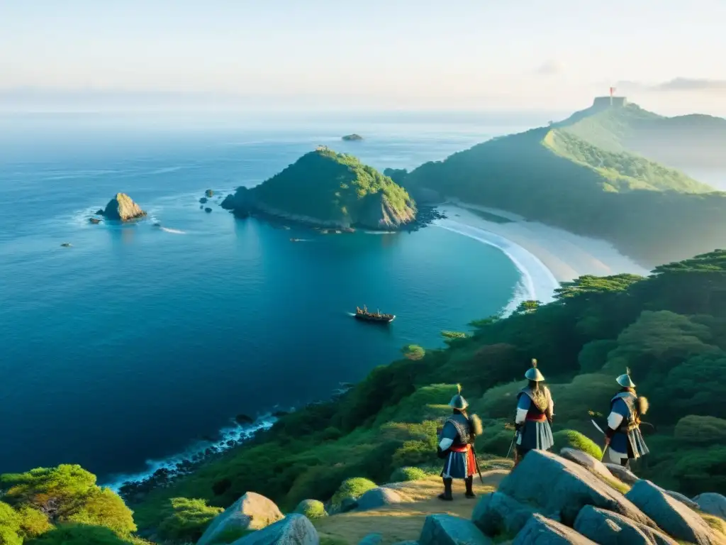 Defensa samuráis invasiones mongolas: Panorama de Tsushima al amanecer, samuráis en la costa vigilando el horizonte