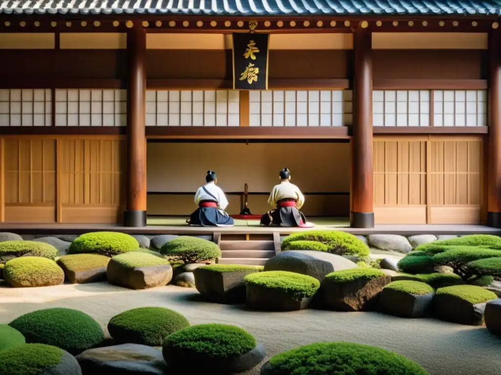 Durante el desarrollo histórico del bushido, samuráis entrenan en un dojo tradicional durante la Restauración Meiji