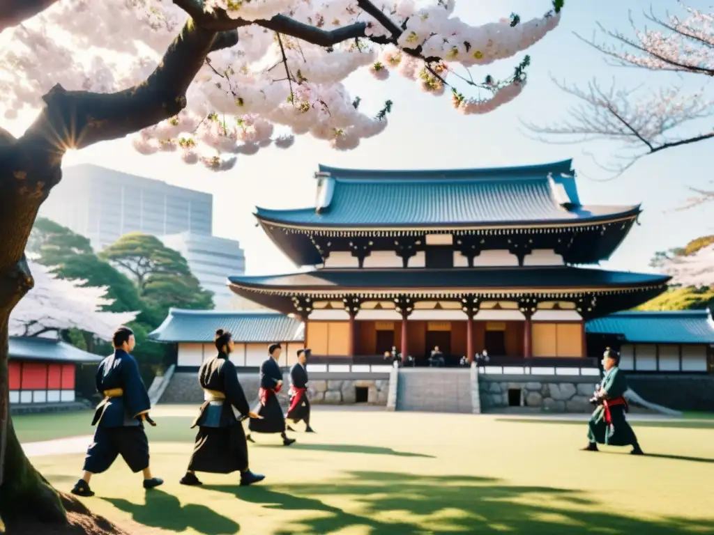 Descendientes de Samuráis en Japón practicando artes marciales bajo los cerezos en flor