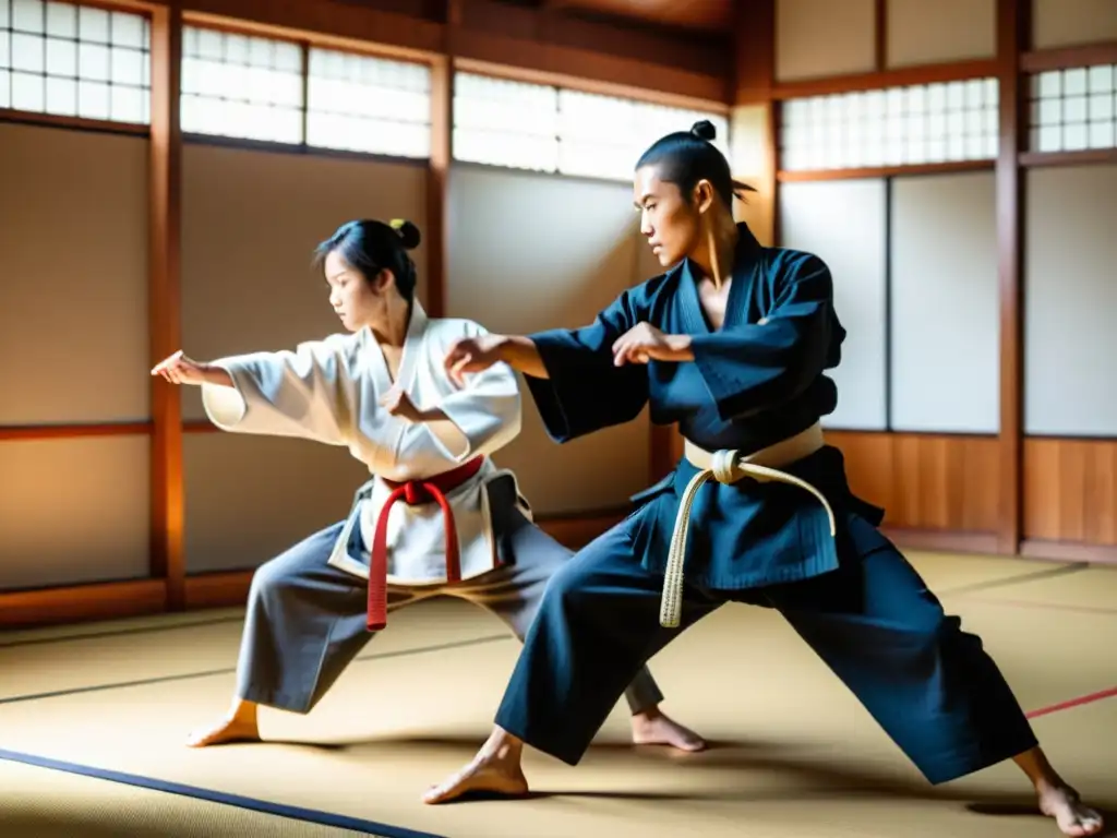 Descendientes de samuráis en Japón practicando artes marciales en un dojo sereno, capturando la esencia de su legado ancestral