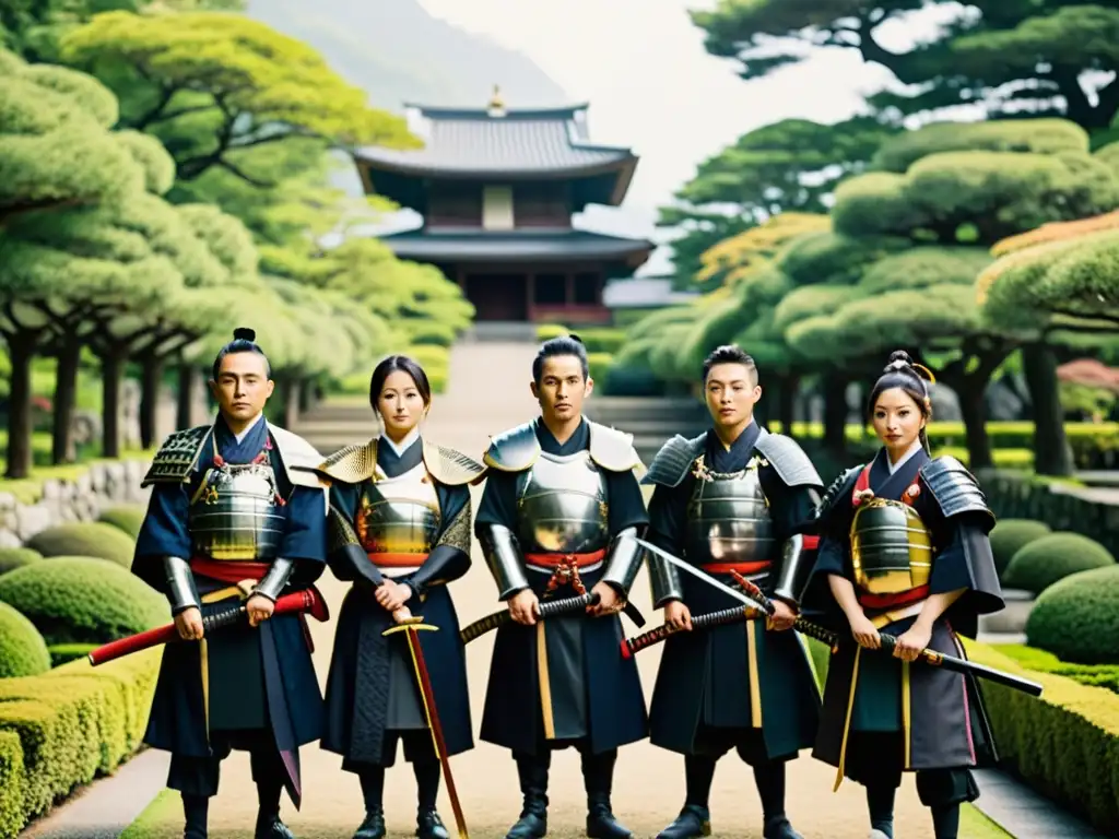 Descendientes de Samuráis en Japón: Grupo de modernday samurais vistiendo armaduras tradicionales, con armas, en un jardín japonés con castillo al fondo