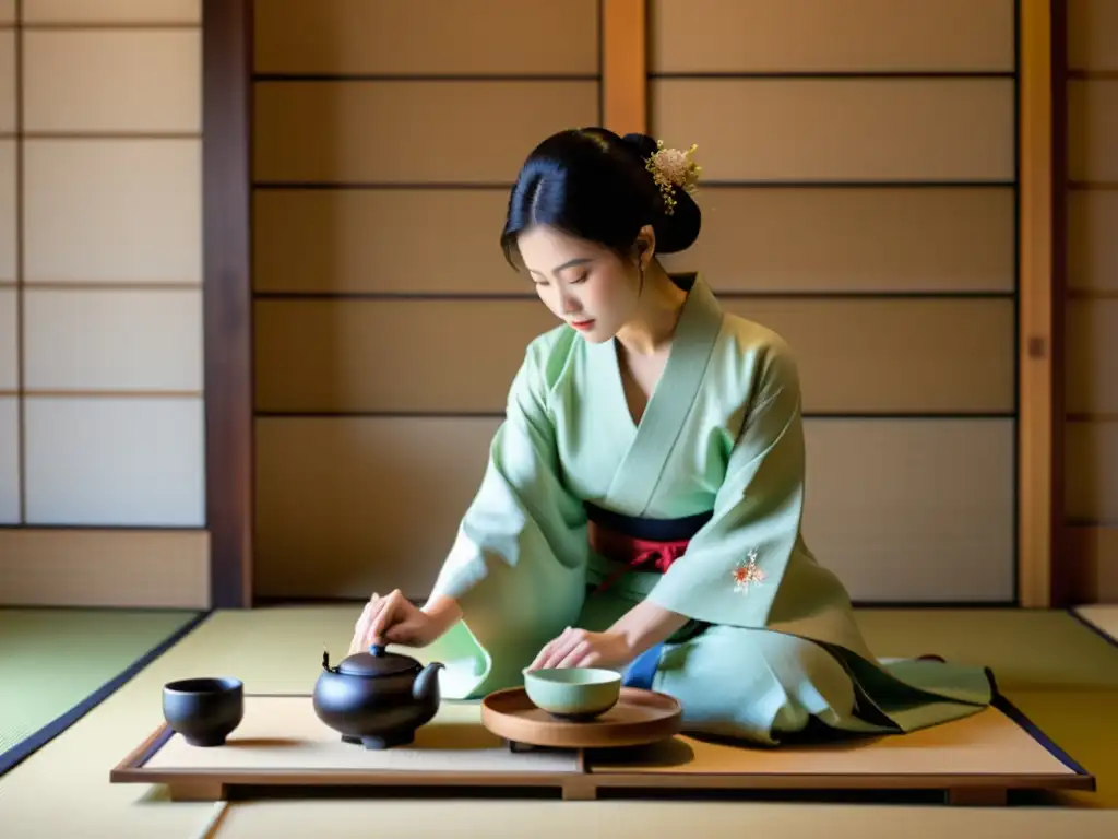 Descendientes de Samuráis en Japón: Ceremonia del té japonesa con kimono elegante, movimientos precisos y ambiente sereno