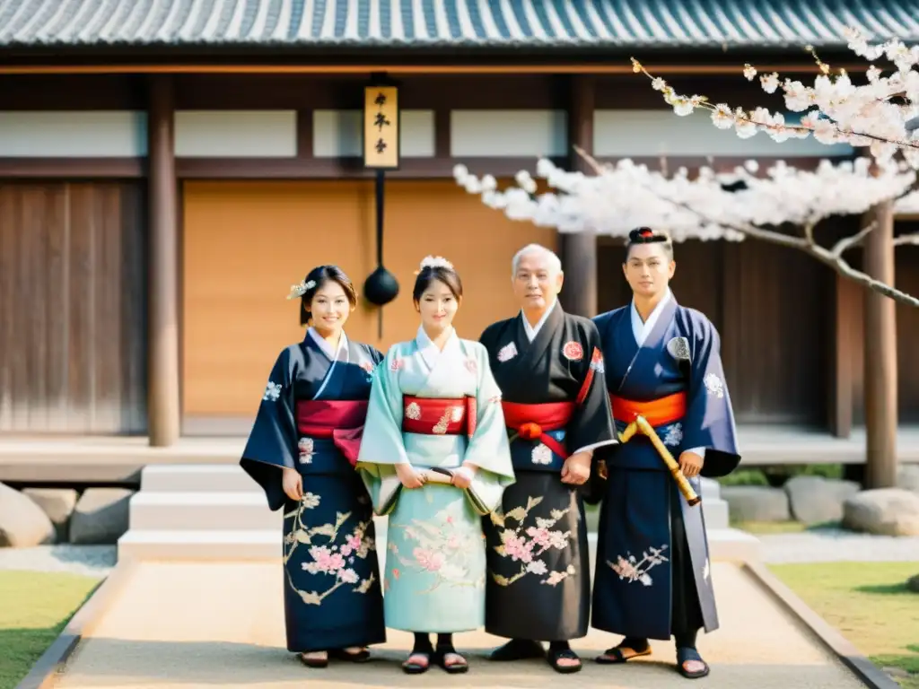 Descendientes de los Samuráis en Pueblos Históricos: Grupo en kimono y hakama frente a dojo de madera centenario con cerezos en flor