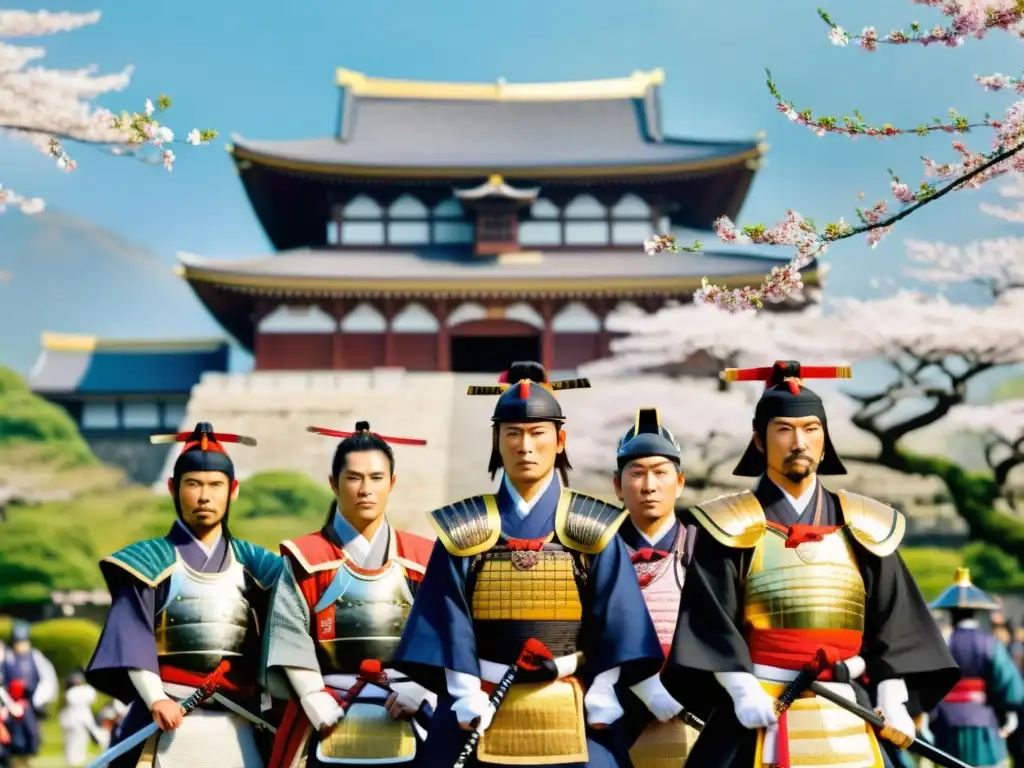 Desfile ceremonial de samuráis en un majestuoso castillo japonés, rodeados de flores de cerezo en plena floración