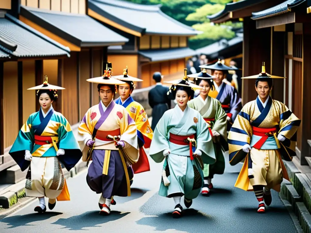 Desfile colorido de festivales samuráis Japón en las antiguas calles de Kyoto