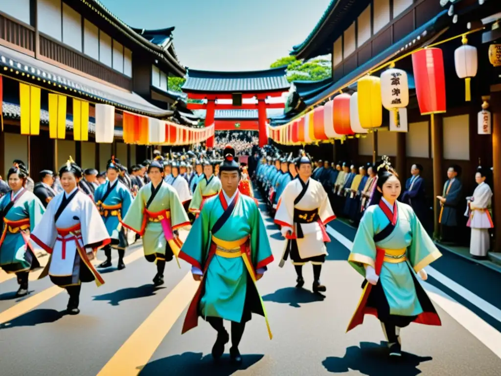 Desfile colorido de festivales samuráis en Japón, con trajes tradicionales y espectadores fascinados