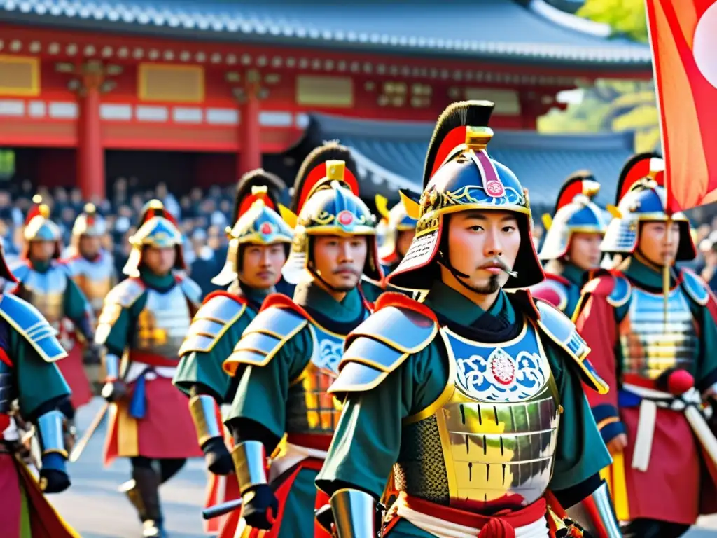 Desfile dinámico de samuráis en el Festival Kacchu en Ueno Park, Japón