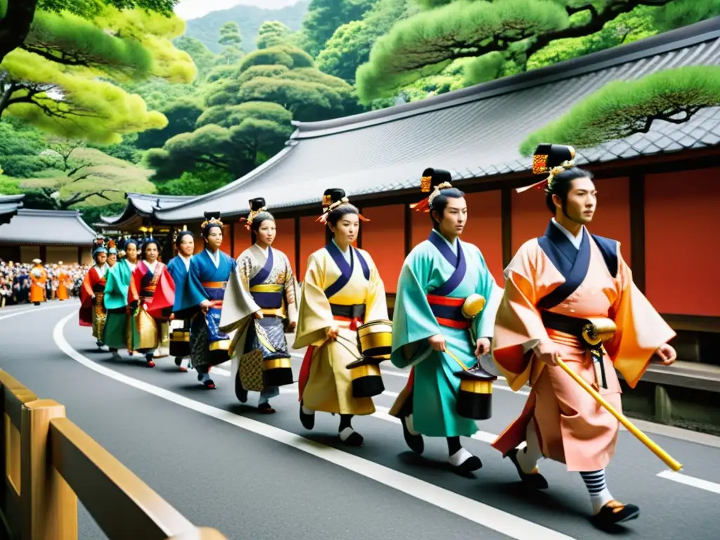 Desfile del Aoi Matsuri en Kyoto, Japón, con samuráis vestidos de manera elaborada, vibrantes colores y detalles históricos