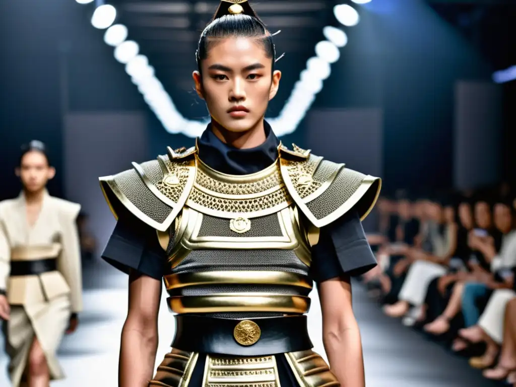 Desfile de moda fusionando armadura samurái con estilo urbano, una impactante transformación imagen samurai cultura pop