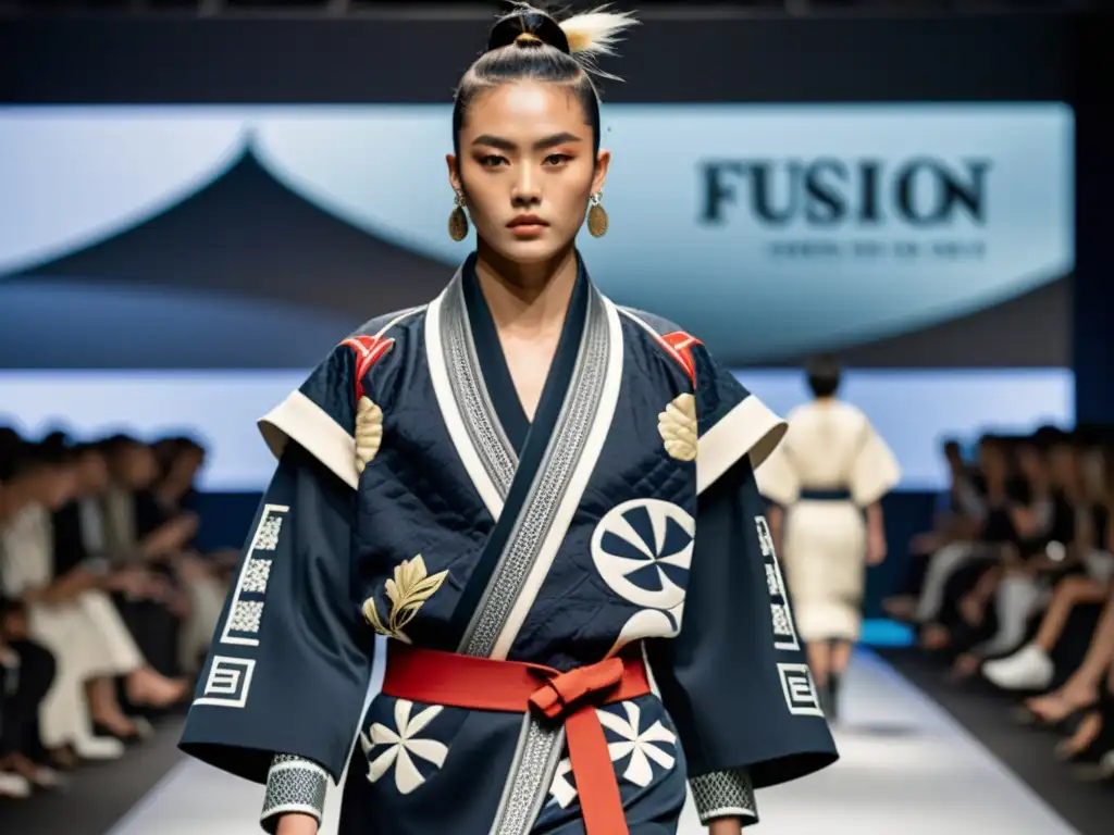 Desfile de moda con prendas samurai en el streetwear, modelos seguros y público cautivado