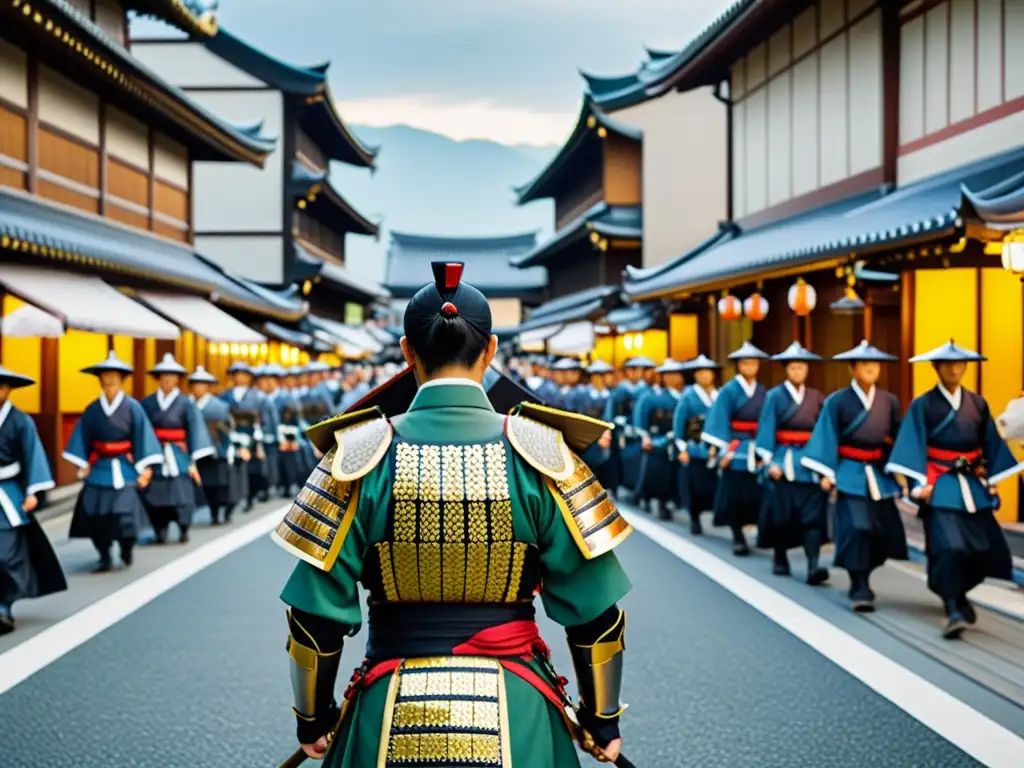 Desfile samurái en las calles de Yokohama, reflejando la influencia samurái en Yokohama y su papel en la historia de la ciudad