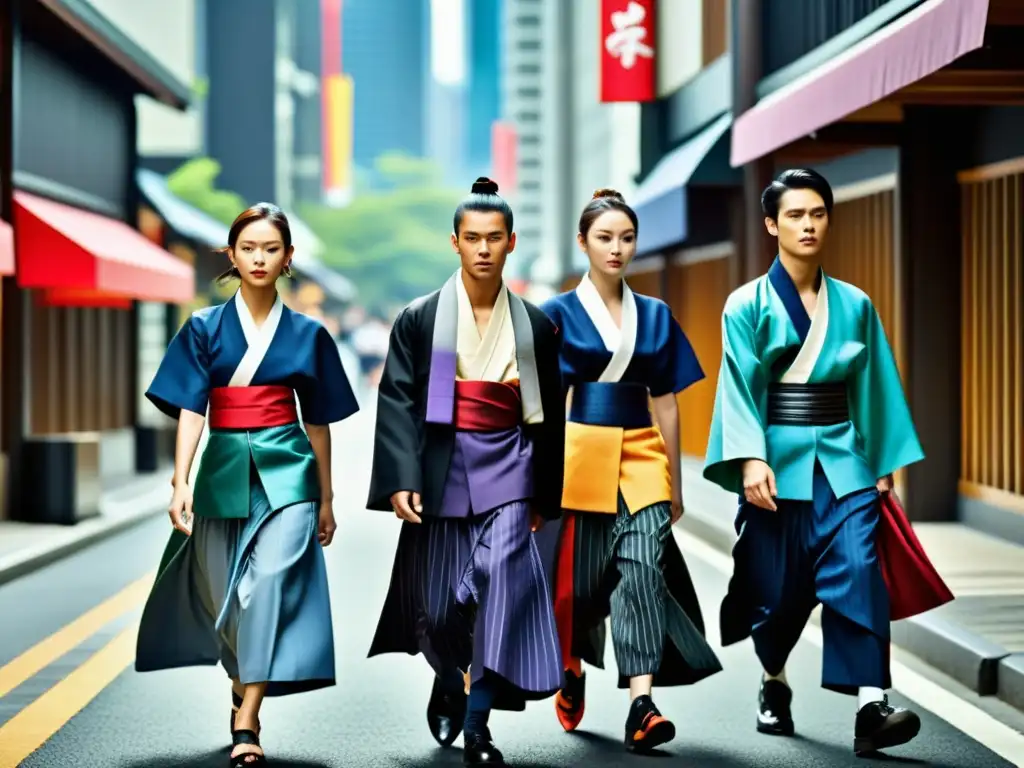 Un desfile urbano de modelos con hakama rediseñados para moda contemporánea, fusionando tradición y elegancia en la ciudad