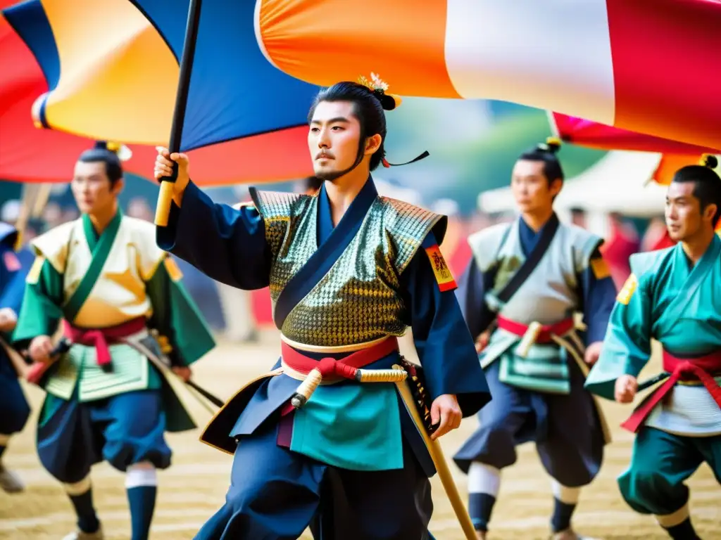 Desfile vibrante del Uesugi Matsuri, con trajes samurái y armas tradicionales, honrando clanes guerreros