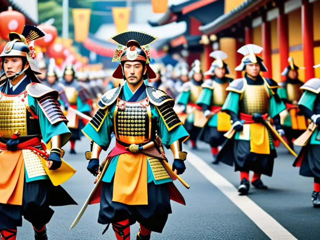 Deslumbrante desfile de samuráis en un festival tradicional en Japón, reflejando la energía y la tradición de los festivales samuráis en Japón