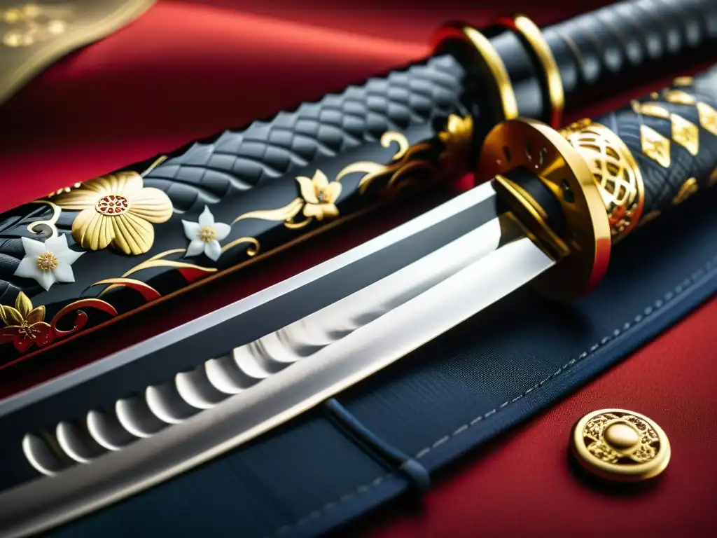 Una deslumbrante katana samurái, emblema de honor y fuerza, con patrones ondulados y tsuba detallada de batallas emblemáticas katanas samurái