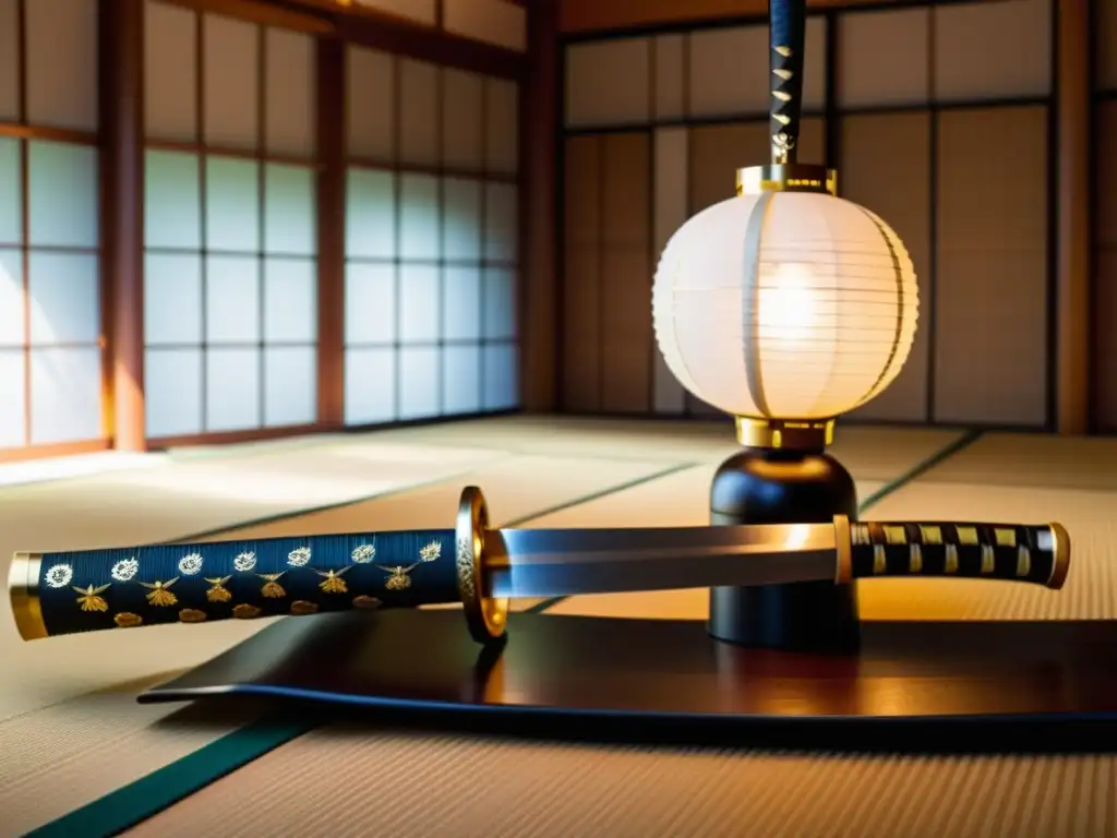 Deslumbrante katana japonesa en un dojo tradicional, reflejando la ética del combate y la jerarquía samurái en un duelo tenso y preciso