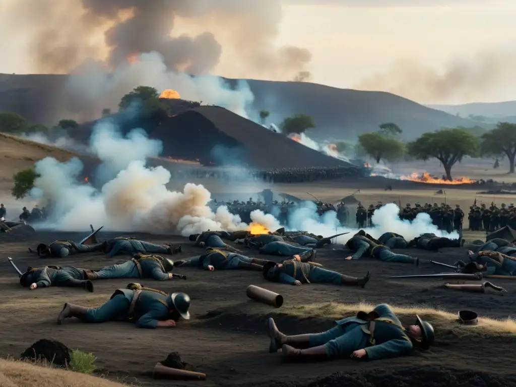 El desolador escenario de La Batalla de Dannoura, con armas rotas, soldados caídos y humo