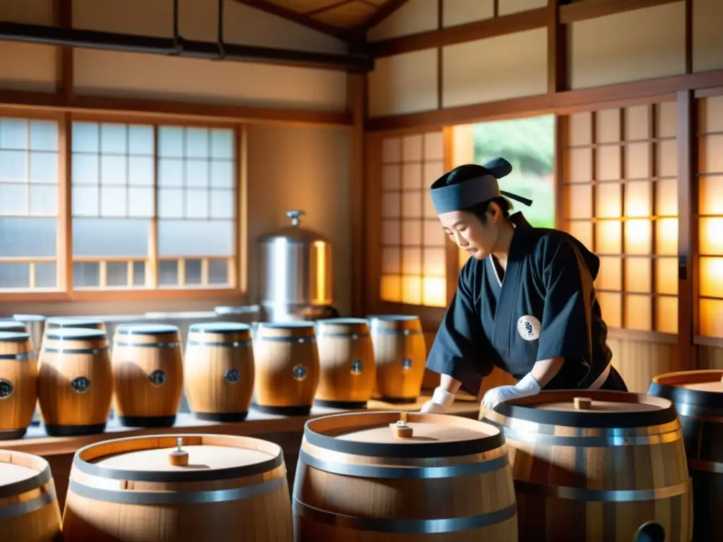 Una destilería de saké japonesa tradicional con barriles de madera y equipo de producción