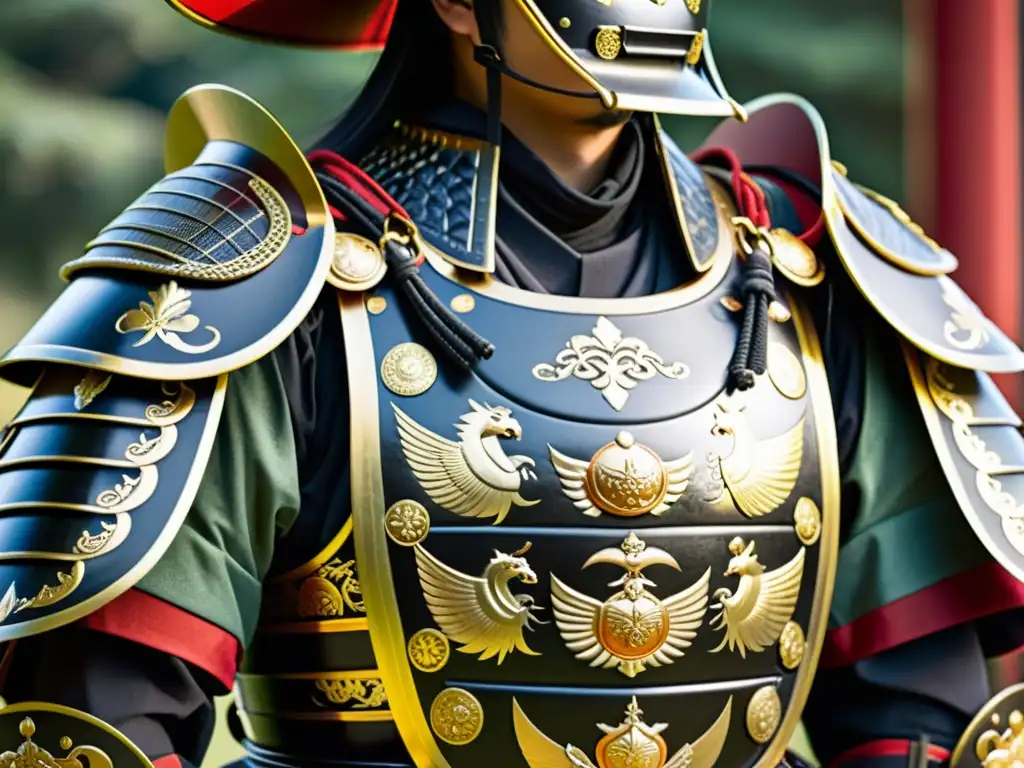 Detallada armadura samurái, con grabados de batallas, naturaleza y criaturas míticas