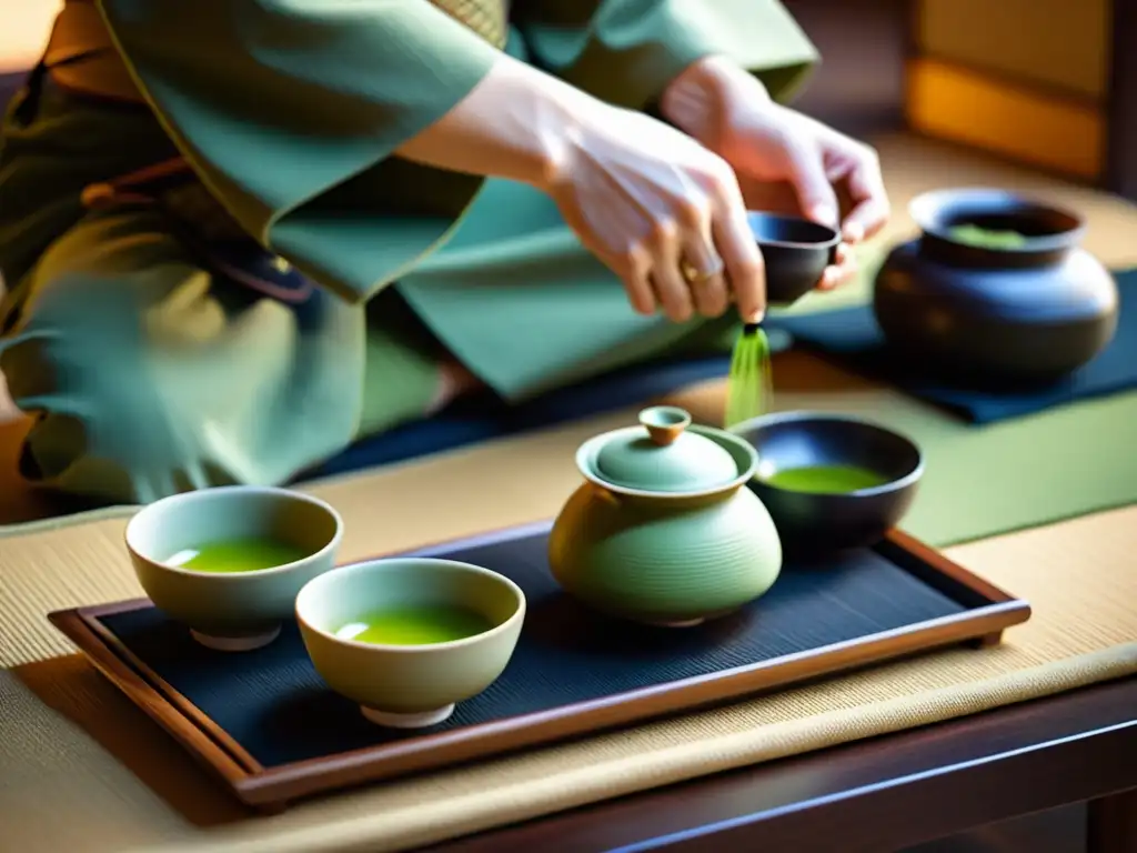 Una fotografía detallada de una ceremonia del té japonesa, destacando la elegancia y precisión de la preparación del matcha y la atmósfera serena