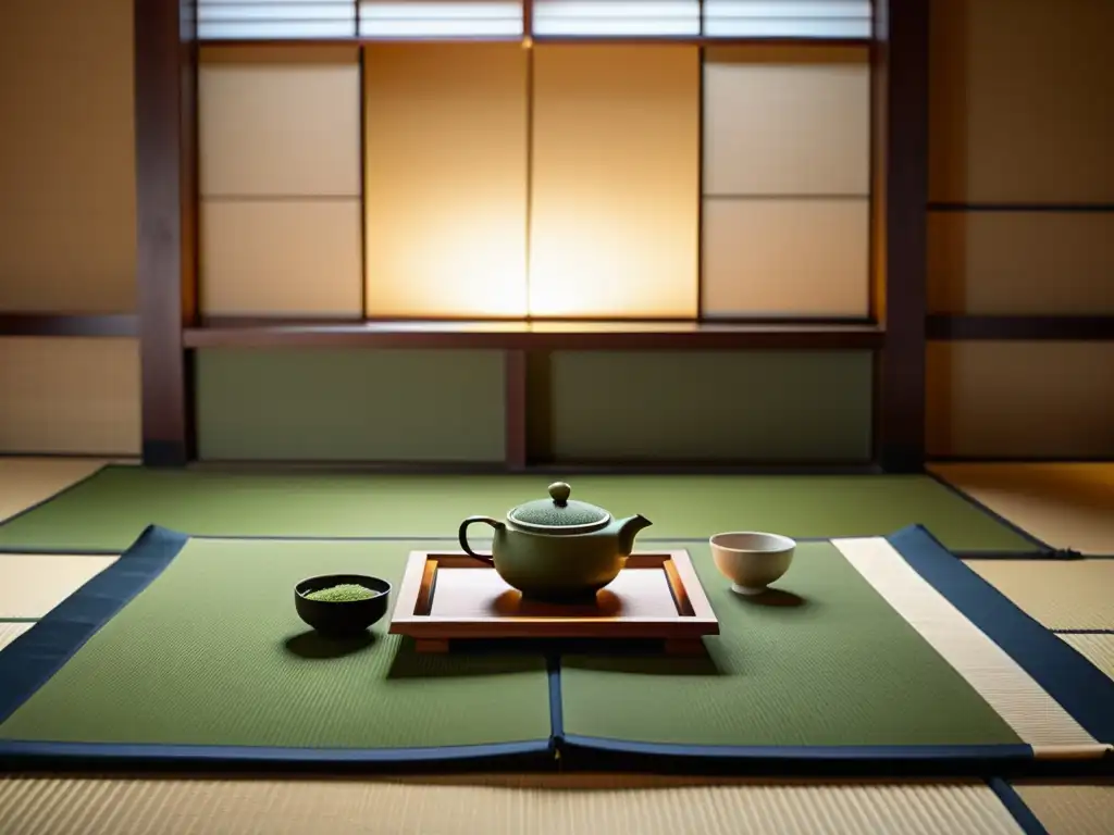 Una fotografía detallada de una ceremonia de té japonesa en una habitación minimalista y serena