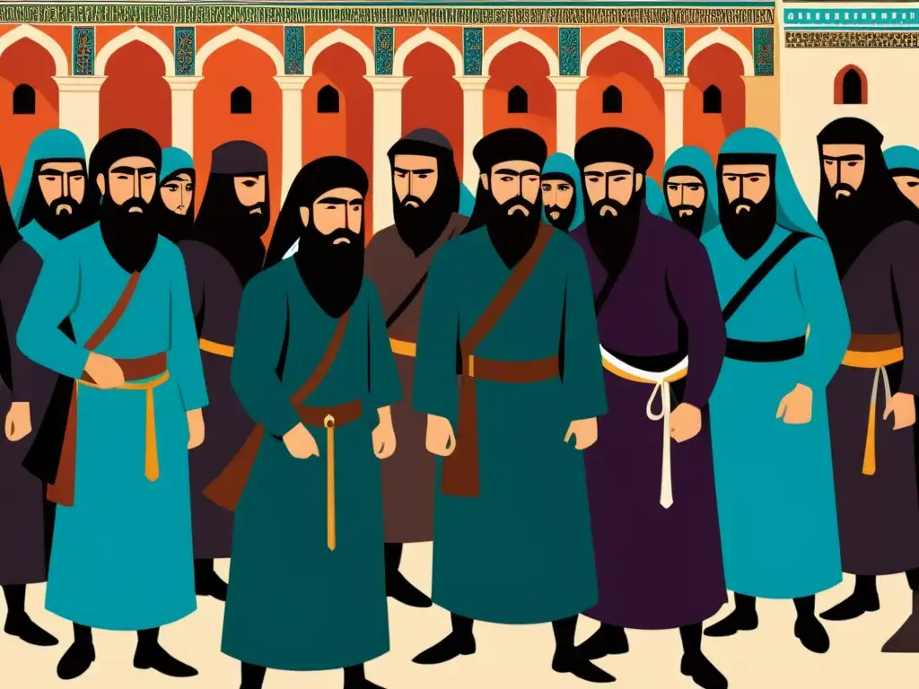 Ilustración detallada de Hashshashin en Persia del siglo 11, ocultos en un bullicioso mercado