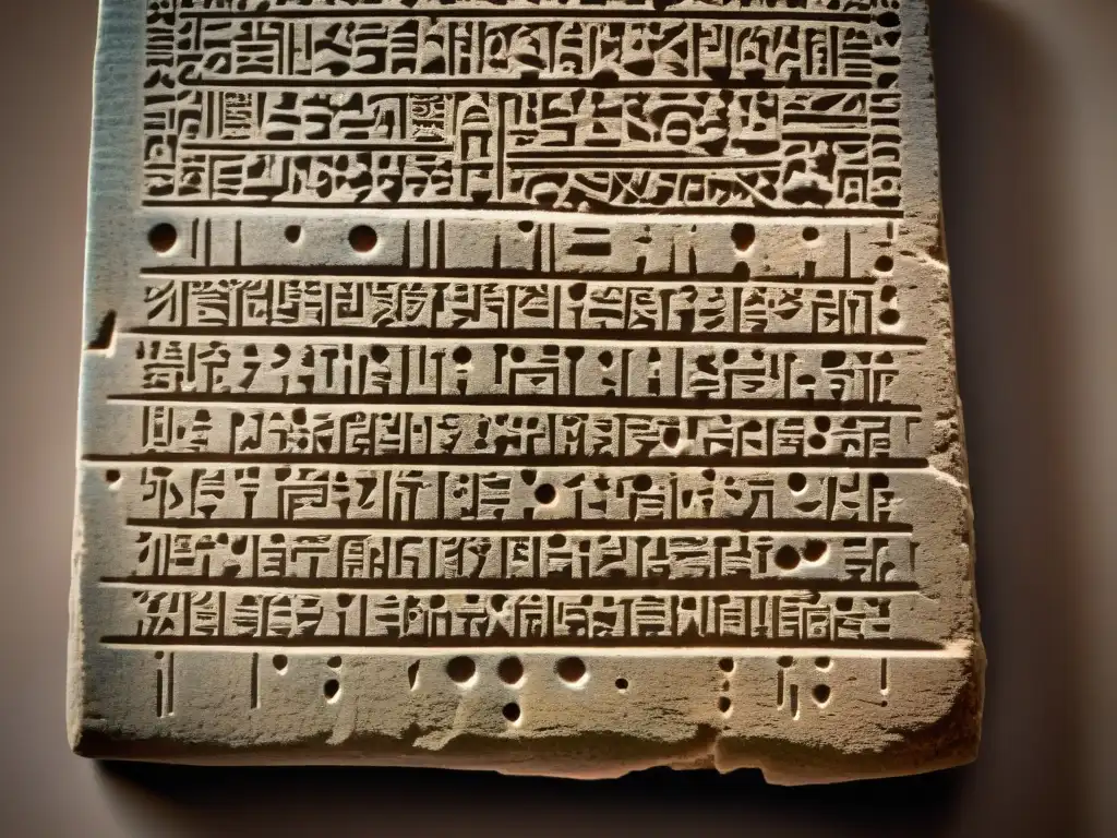 Una detallada imagen de una antigua tablilla de arcilla con el Código de Hammurabi en escritura cuneiforme