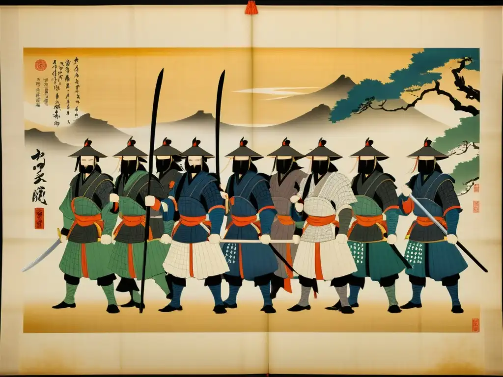 Una detallada imagen de un antiguo pergamino japonés que representa la leyenda de los 47 Ronin, con colores vibrantes y desgaste visible, capturando la esencia histórica de la legendaria historia