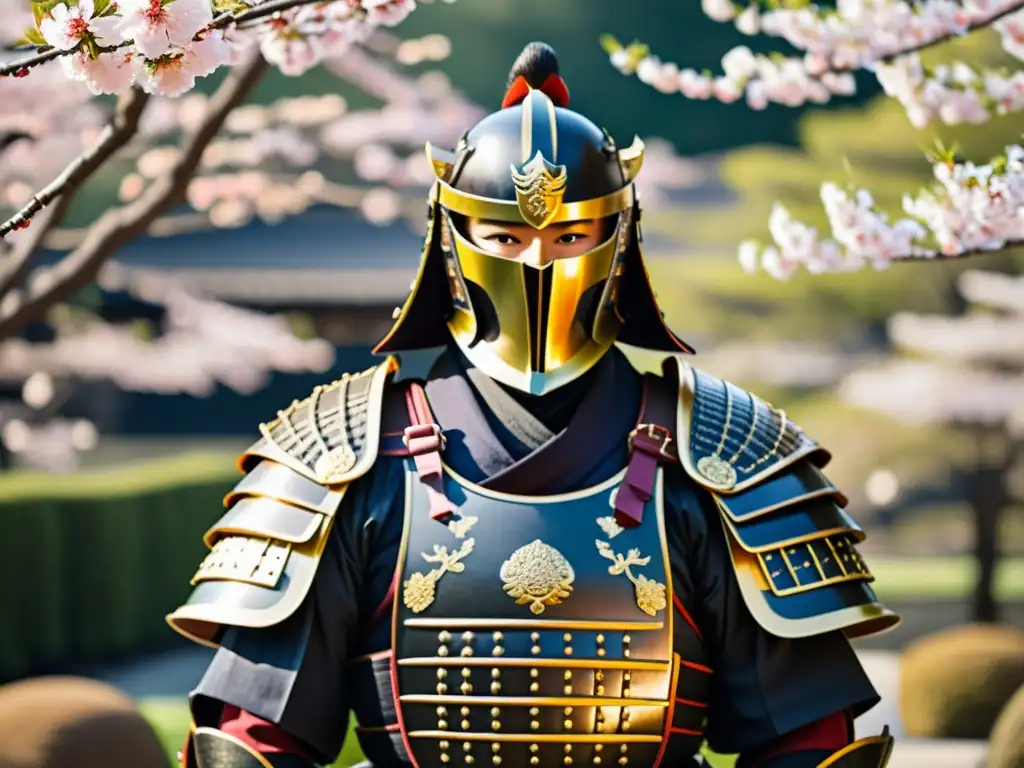 Detallada imagen 8k de armadura samurái en jardín japonés con estética del Samurai en cine y anime