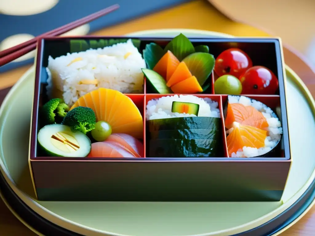 Detallada imagen de un bento japonés tradicional, con ingredientes frescos, diseño intrincado y colores vibrantes