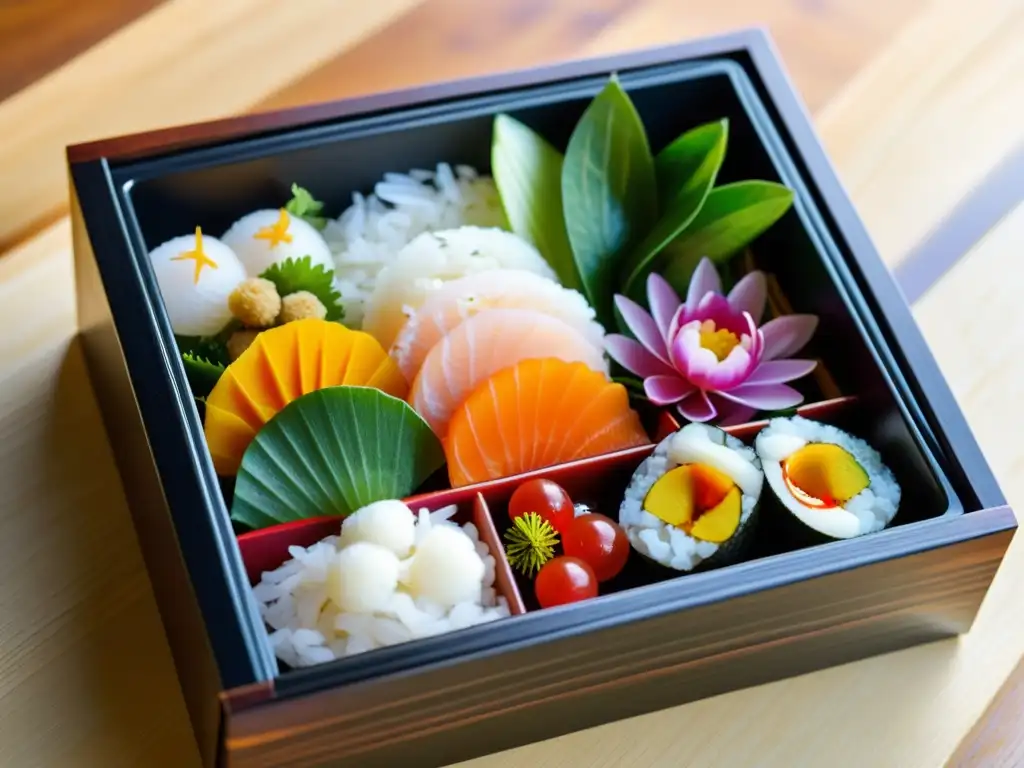 Detallada imagen de un bento japonés con ingredientes vibrantes y variados, sobre una superficie de madera