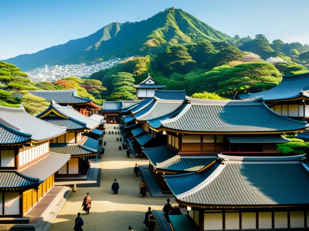 Detallada imagen del bullicioso Shogunato Kamakura, con su arquitectura tradicional y la presencia imponente del palacio del Shogun en el fondo