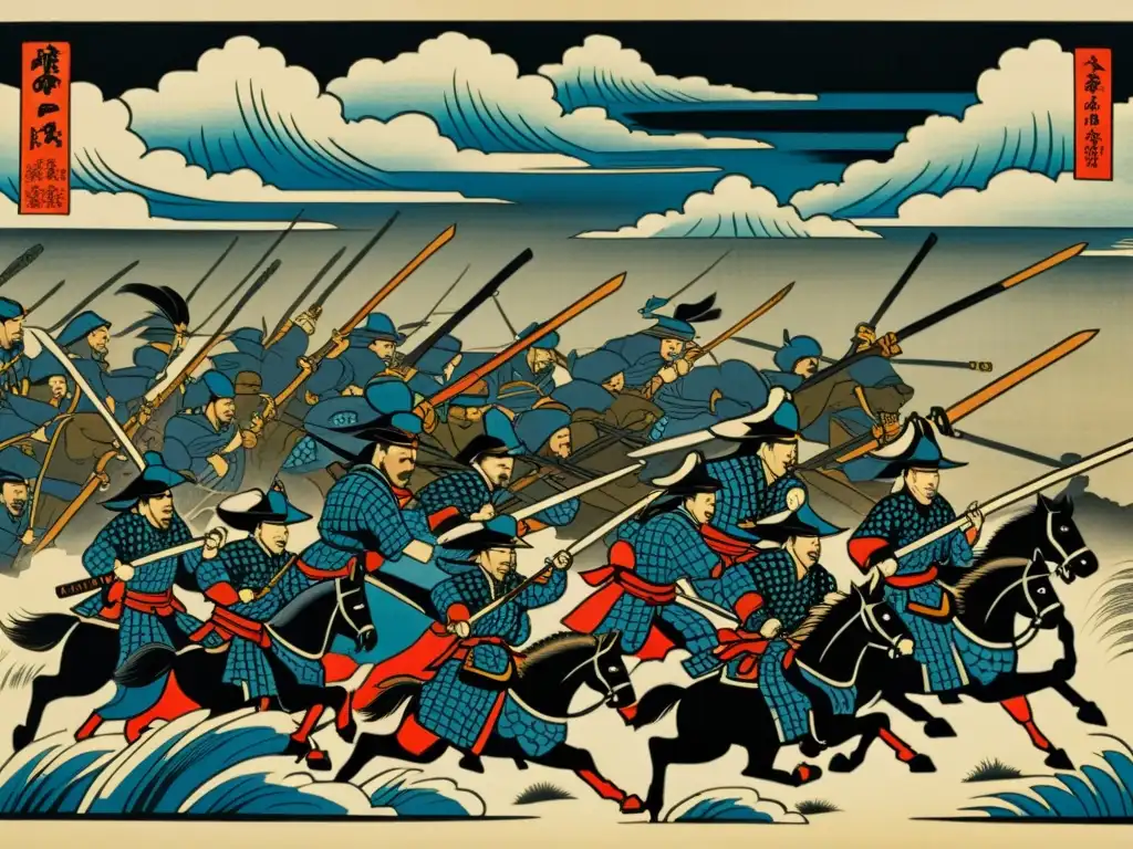 Detallada imagen de grabado japonés de la Rebelión de Jōkyū, con samuráis en batalla y el Shogun