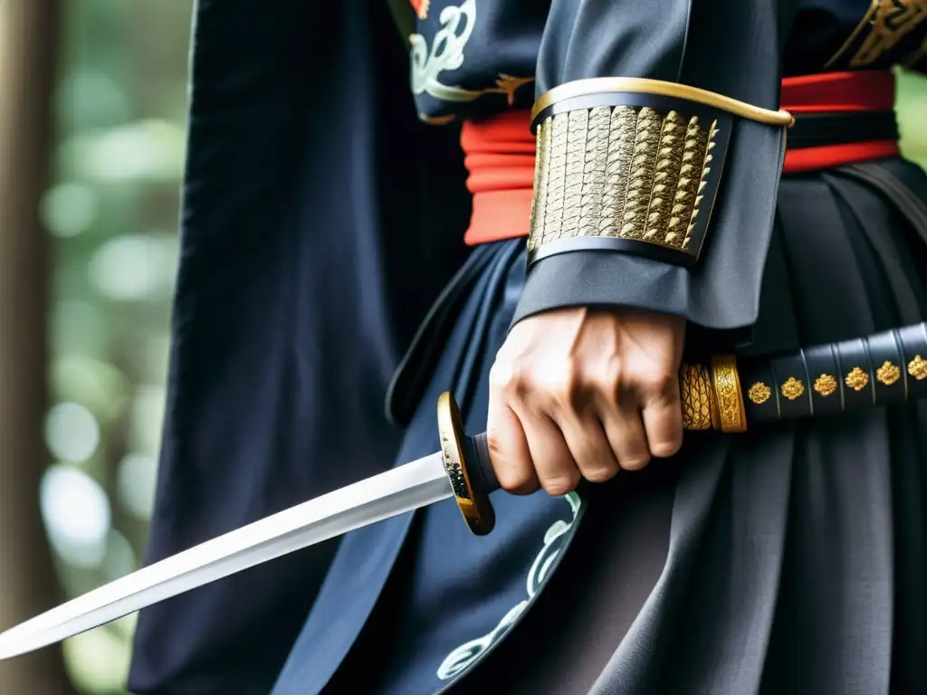 Detallada imagen de la mano de un samurái sujetando la empuñadura de una katana, mostrando su tensión controlada y evocando estrategias psicológicas, éxito personal y disciplina samurái