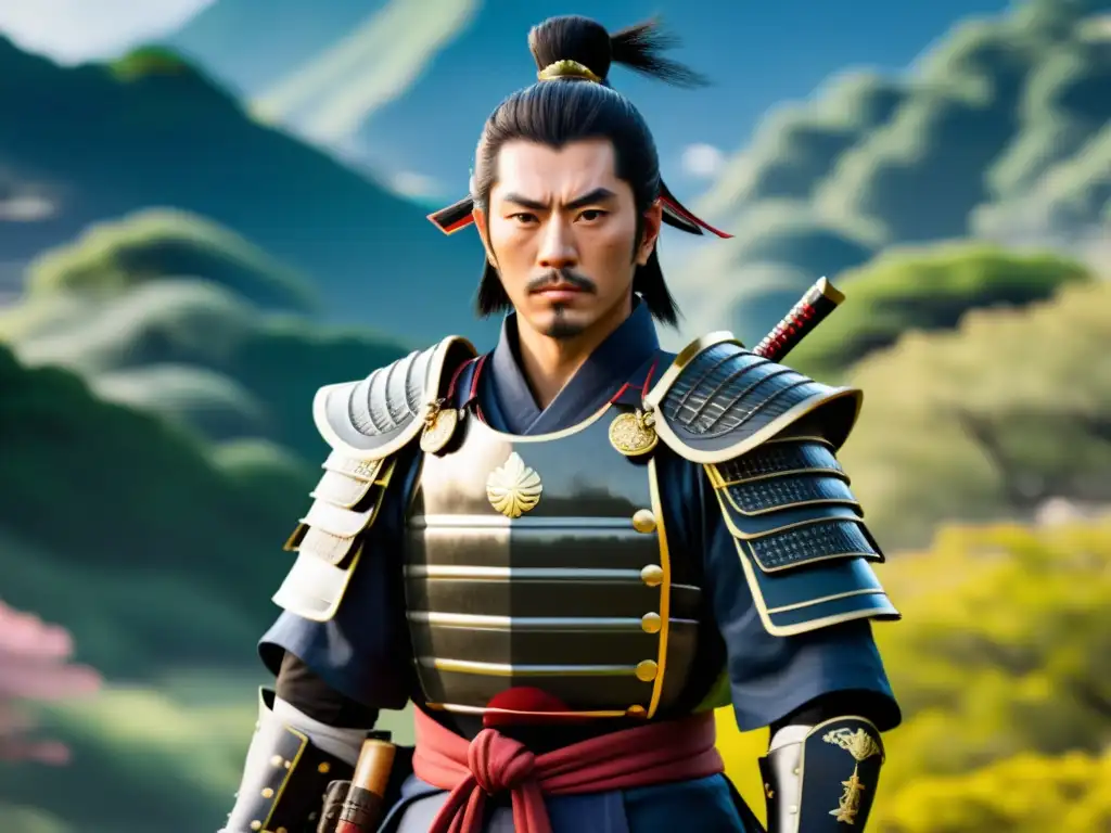 Detallada imagen de un personaje de videojuego samurái con armadura histórica y katana tradicional, en un paisaje feudal japonés