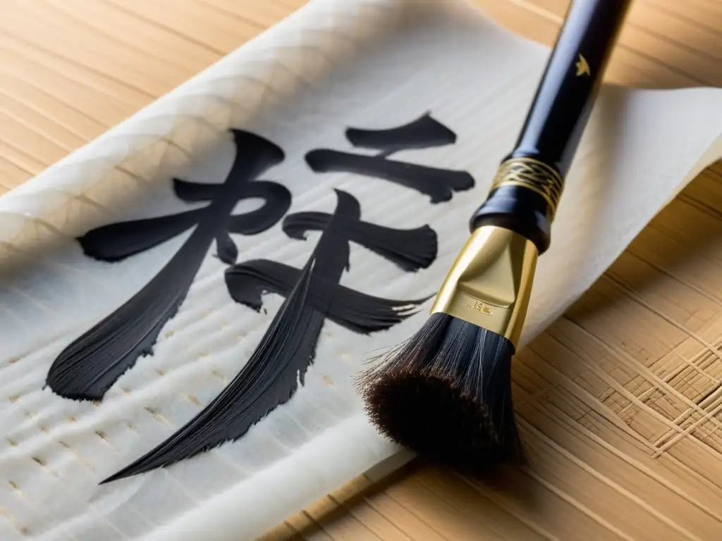 Detallada imagen de un pincel de caligrafía japonés creando un kanji, evocando el arte, la diplomacia y el liderazgo samurái