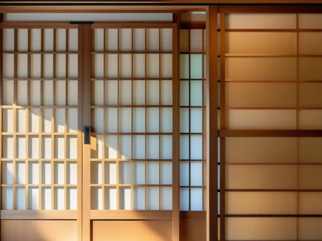 Una detallada imagen en 8k muestra una puerta tradicional Shoji con su intrincado marco de madera y papel translúcido